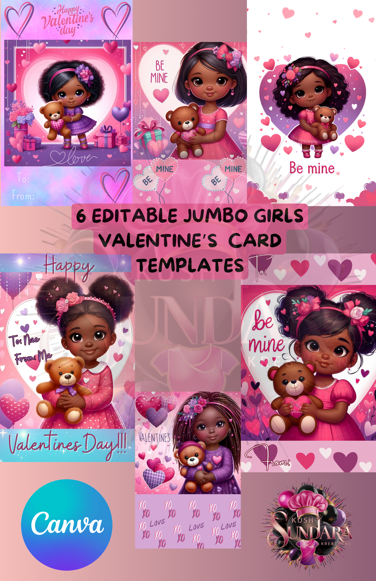 Jumbo Girls Valentine’s Cards - 6-File Digital Bundle